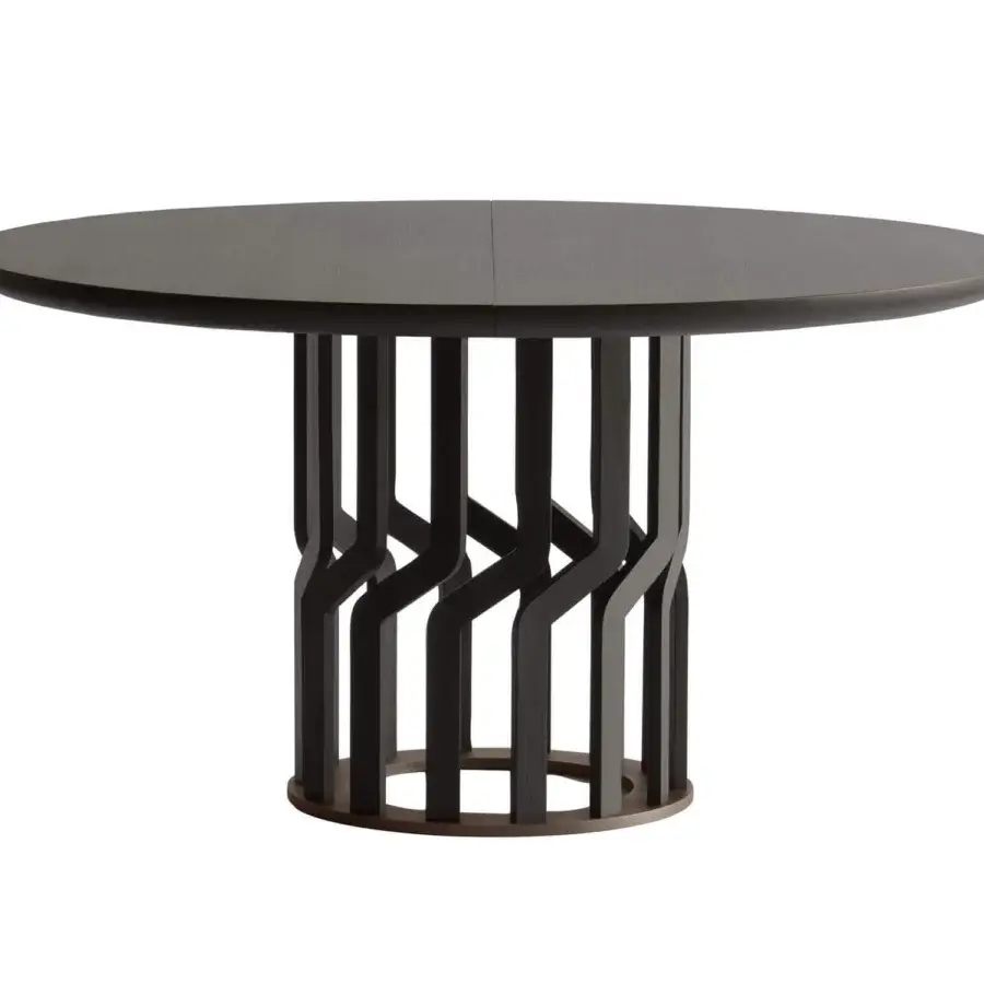 Elegant Potocco Intreccio table with a woven solid ash wood base and circular matte dark brown top