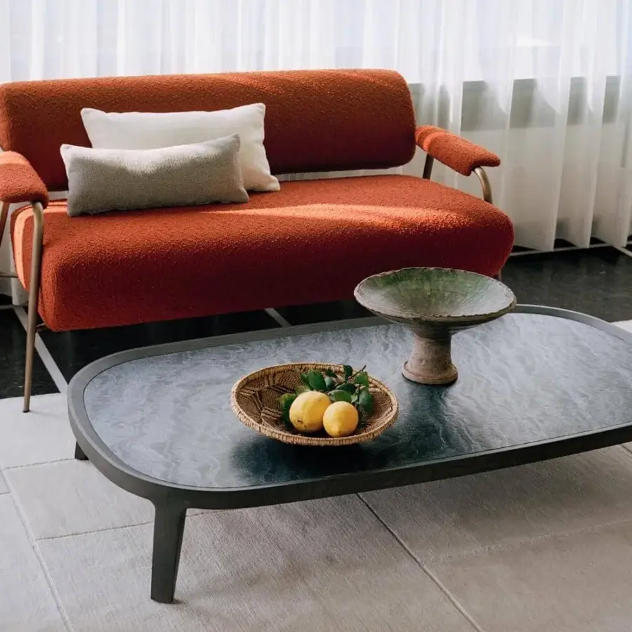 Elegant Potocco Spring coffee table with rounded corners and dark gray stone-like composite tabletop in matte finish