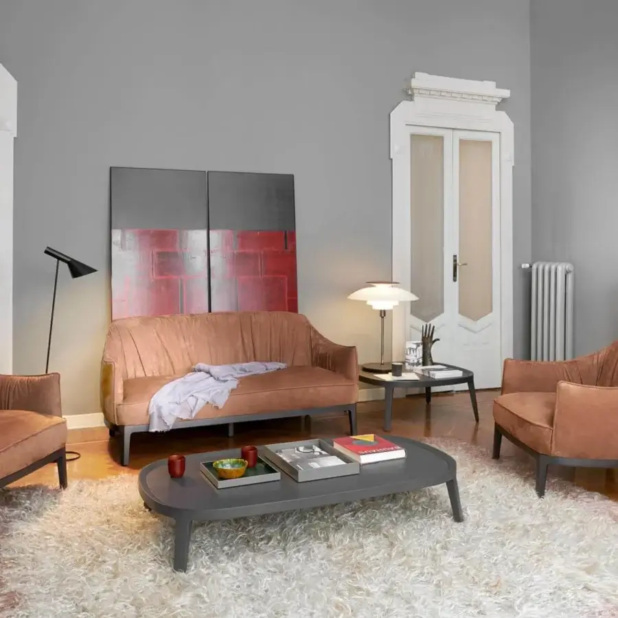 Exclusive Potocco Spring coffee table with a uniform gray tempered glass top and solid ash base