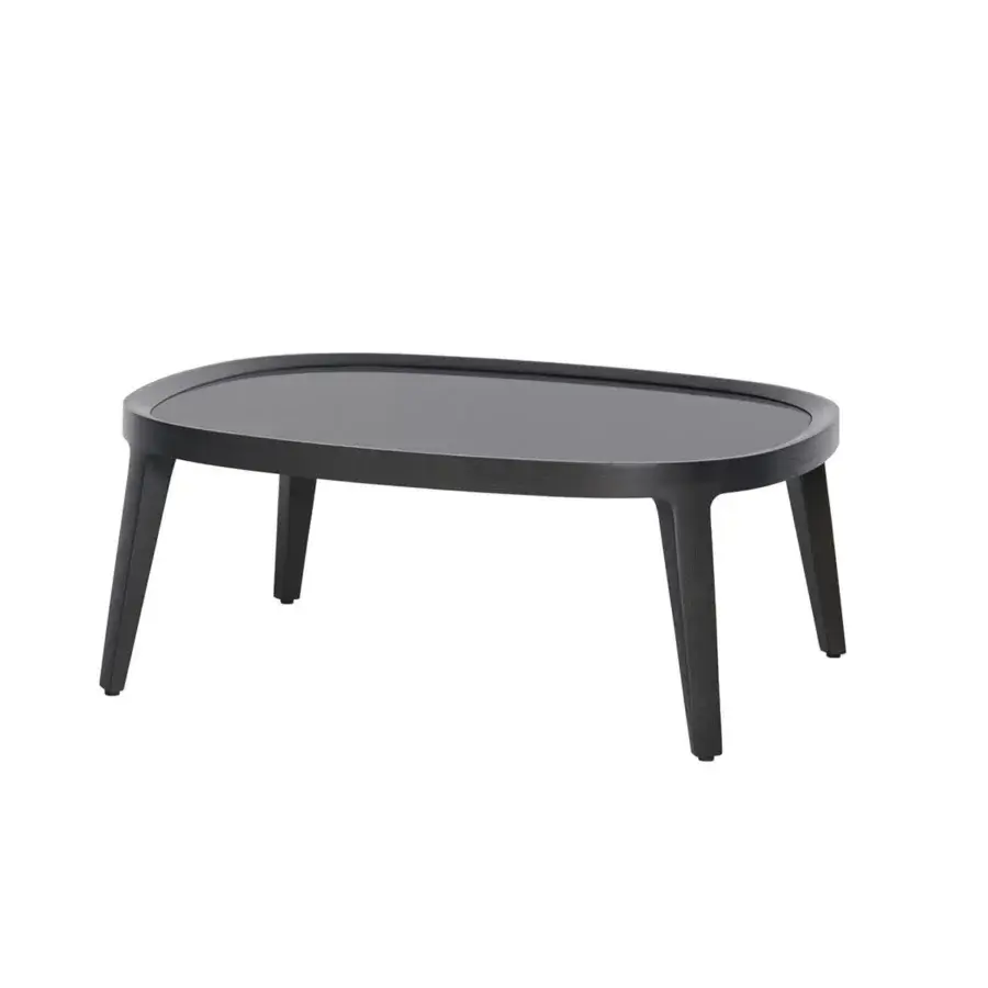 Distinguished Potocco Spring coffee table with a sleek oval tempered glass top and solid ash frame in a uniform dark finish