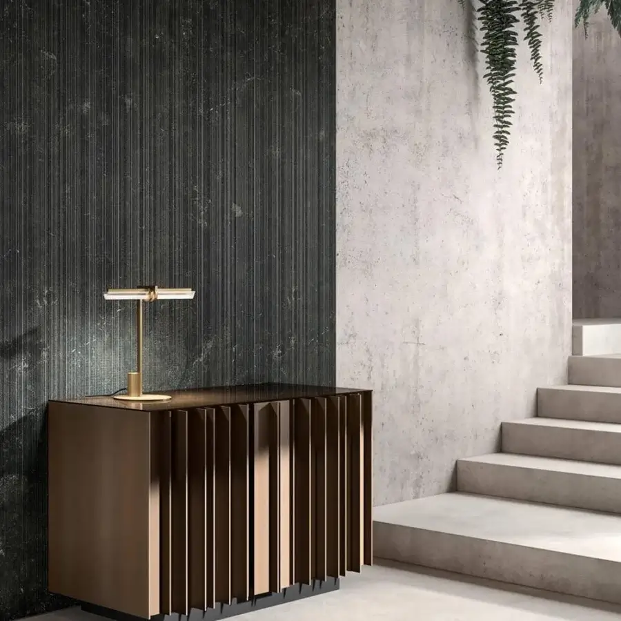 Elegant VENICEM Serge sideboard with dark bronze striped aluminum profiles and matt black lacquered body, showcasing a bronze antique mirror top