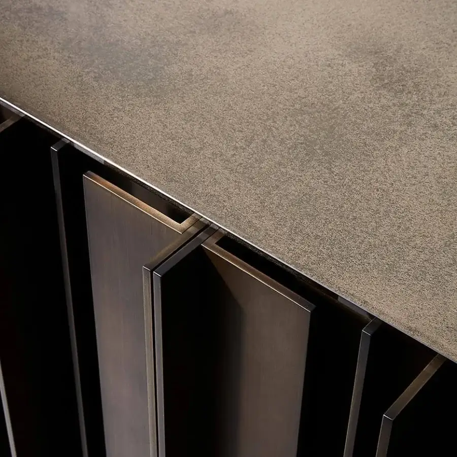 Distinguished VENICEM Serge sideboard with dark bronze striped aluminum profile and sleek matt black lacquered body with bronze antique mirror