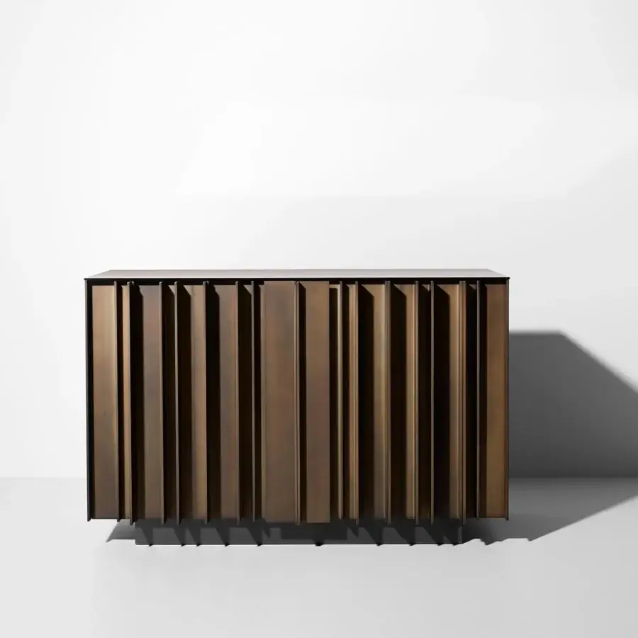 Exceptional VENICEM Serge sideboard with a matt black lacquered body and bronze antique mirror top in striped dark bronze aluminum