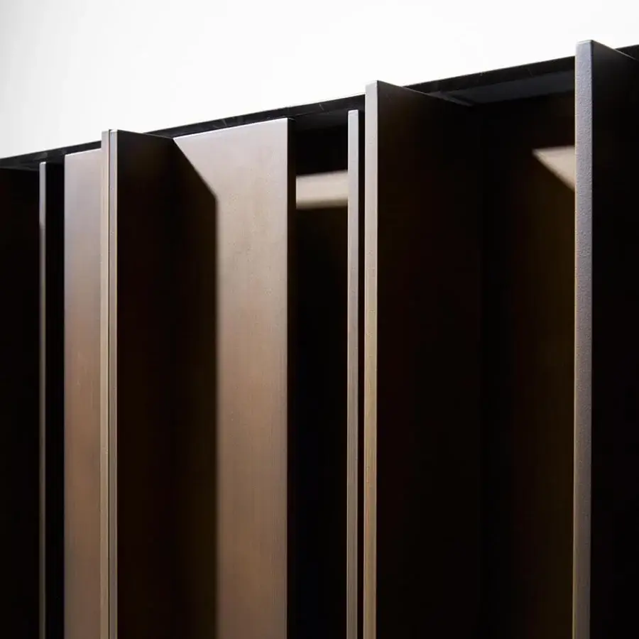 Lavish VENICEM Serge sideboard with dark bronze striped aluminum profiles and a matt black lacquered body crafted in dark brown wood panels with a bronze antique mirror top