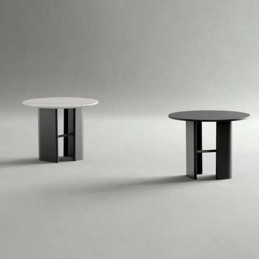 Distinguished Potocco Double L side table with dark gray tabletop and embossed black finished steel base connected by bronzed brass