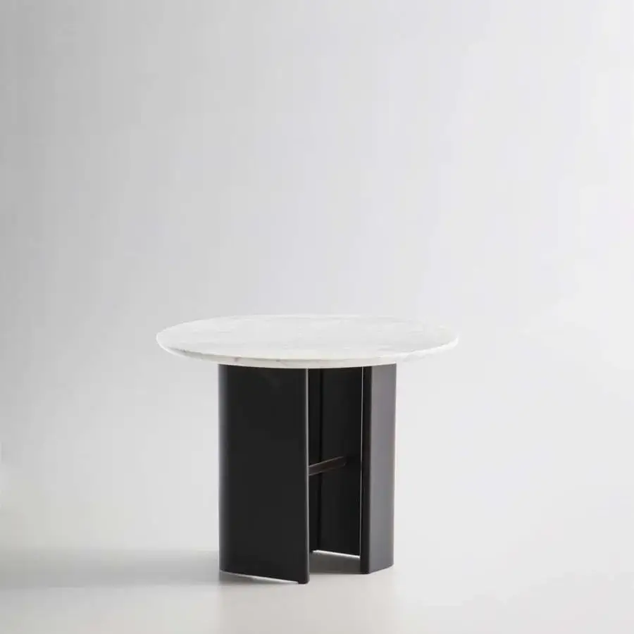 Exceptional Potocco Double L side table with round marble top and embossed black finished steel base connected by bronzed brass