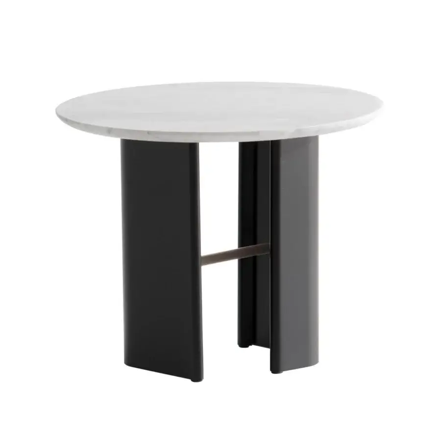 Superior Potocco Double L side table with white marble top and embossed black powder-coated steel base crafted with bronzed brass