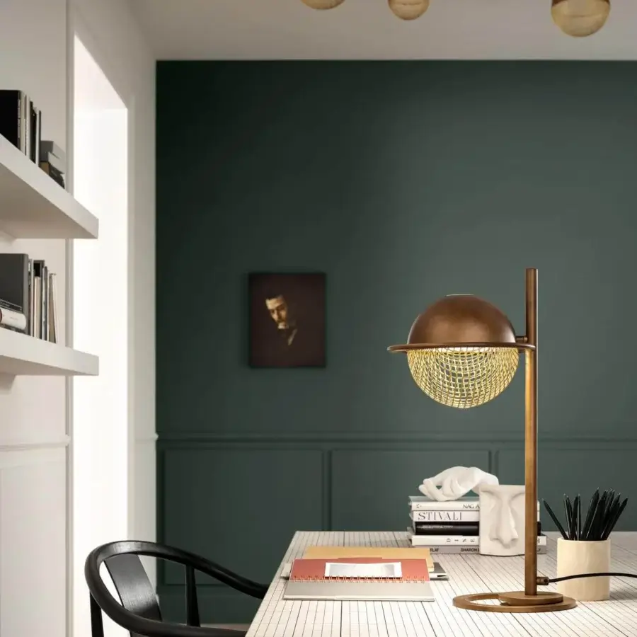 Distinguished Masiero Iglù table lamp with refined metal mesh diffuser in matte gold and brass-toned lampshade