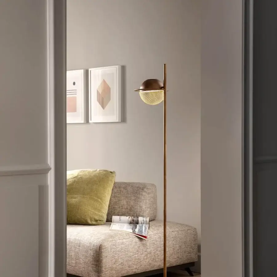 Distinguished Masiero Iglù floor lamp with spherical form and refined metal mesh diffuser in brushed bronze-like patina metal