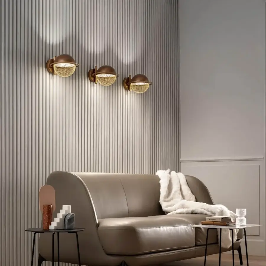 Exclusive Masiero Iglù wall lamp with metal structure painted in brushed patina and refined metal mesh diffuser in matt gold finish