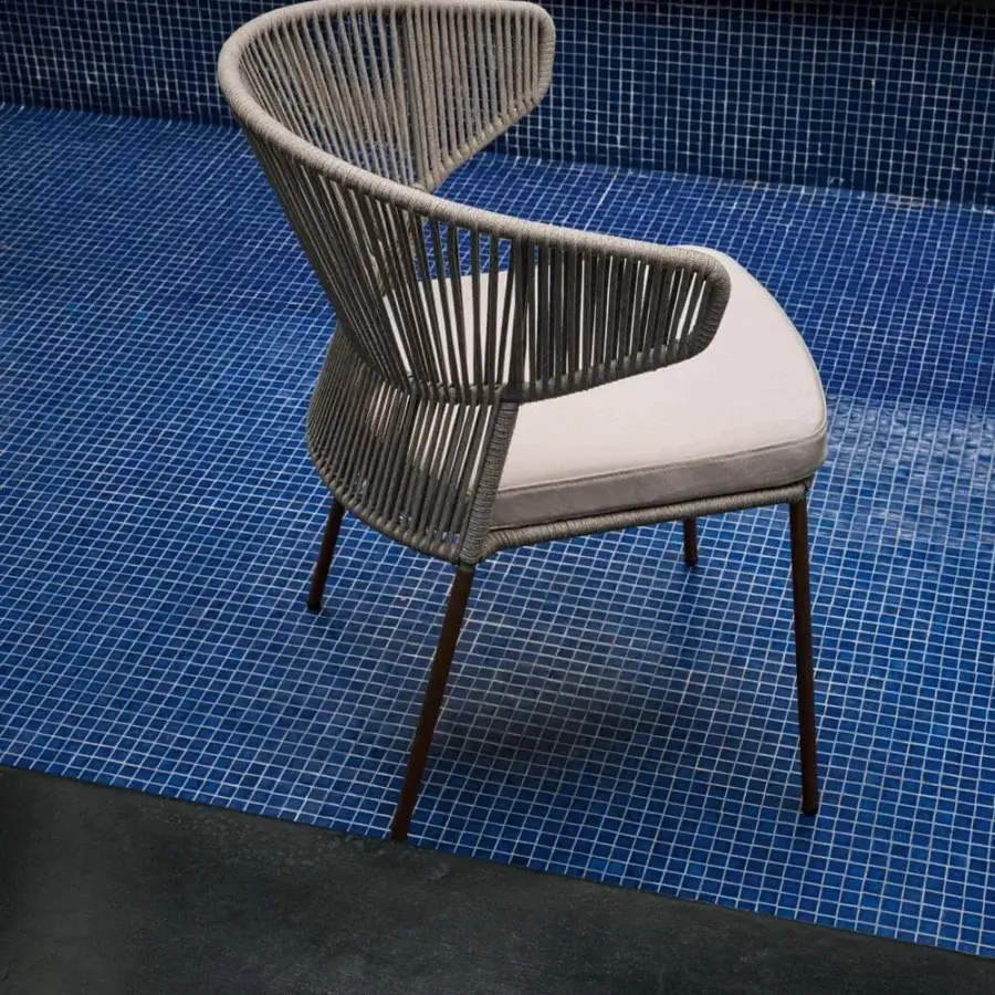 Exceptional Potocco Ola armchair with a hand-woven light gray Fly ribbon and plush light beige seat built with dark metal legs