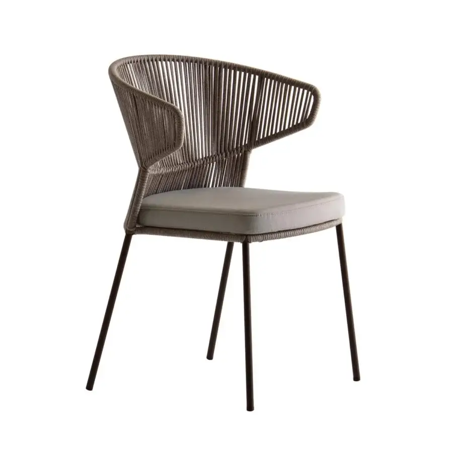 Exceptional Potocco Ola armchair with a hand-woven Fly ribbon backrest and light gray padded seat in outdoor fabric with a dark brown matte metal frame