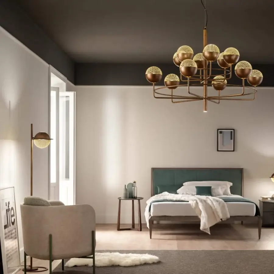 Exceptional Masiero Iglù chandelier with a brushed patina metal structure and intricate gold mesh diffusers in bronze tones