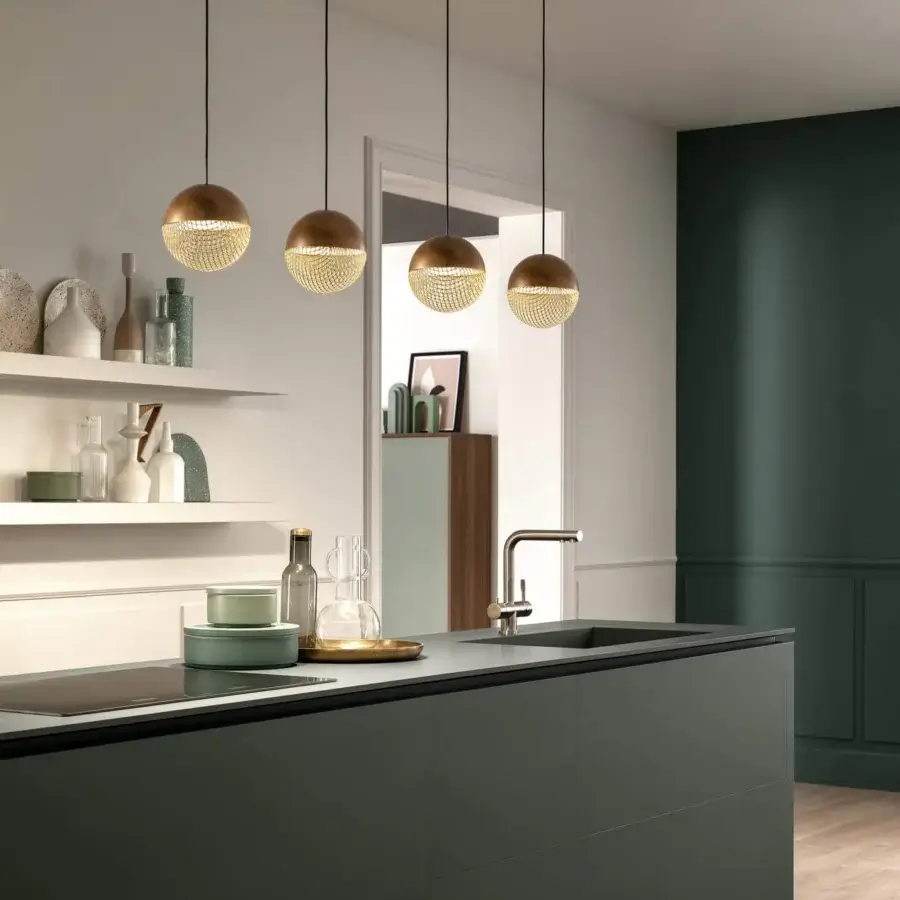Elegant Masiero Iglù suspension lamp with spherical netted metal and brushed bronze patina finish