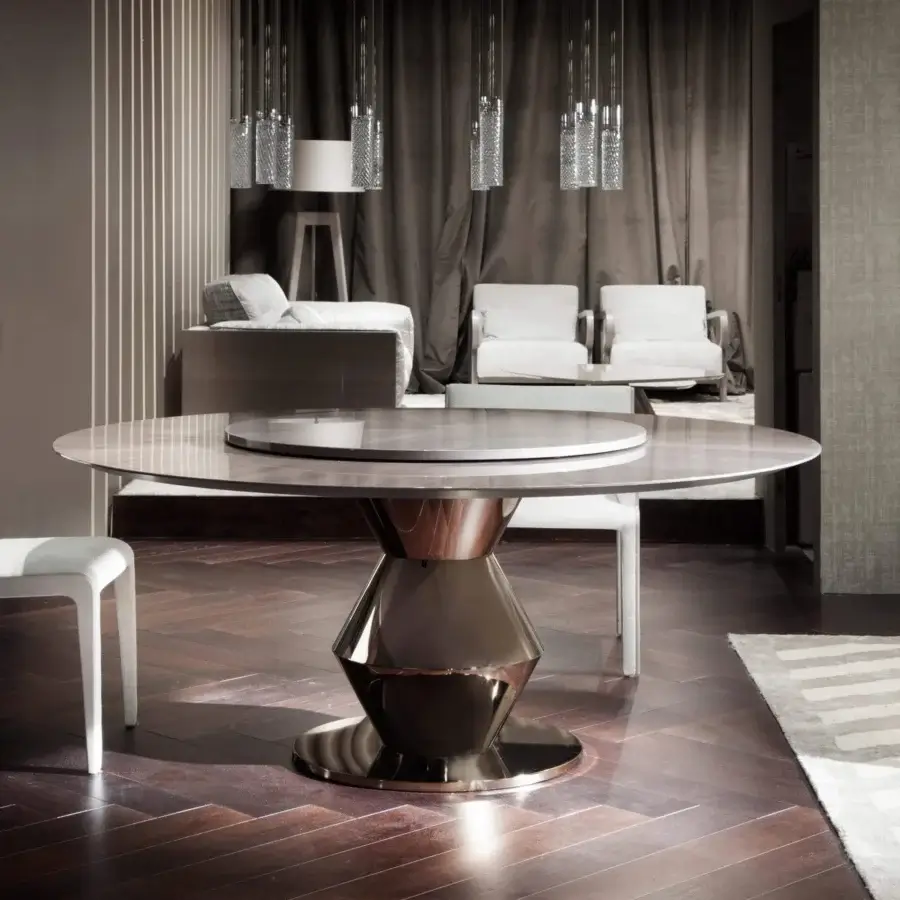 Elegant Costantini Pietro Grand Palais table with light grey matte tabletop and polished bronze metallic base