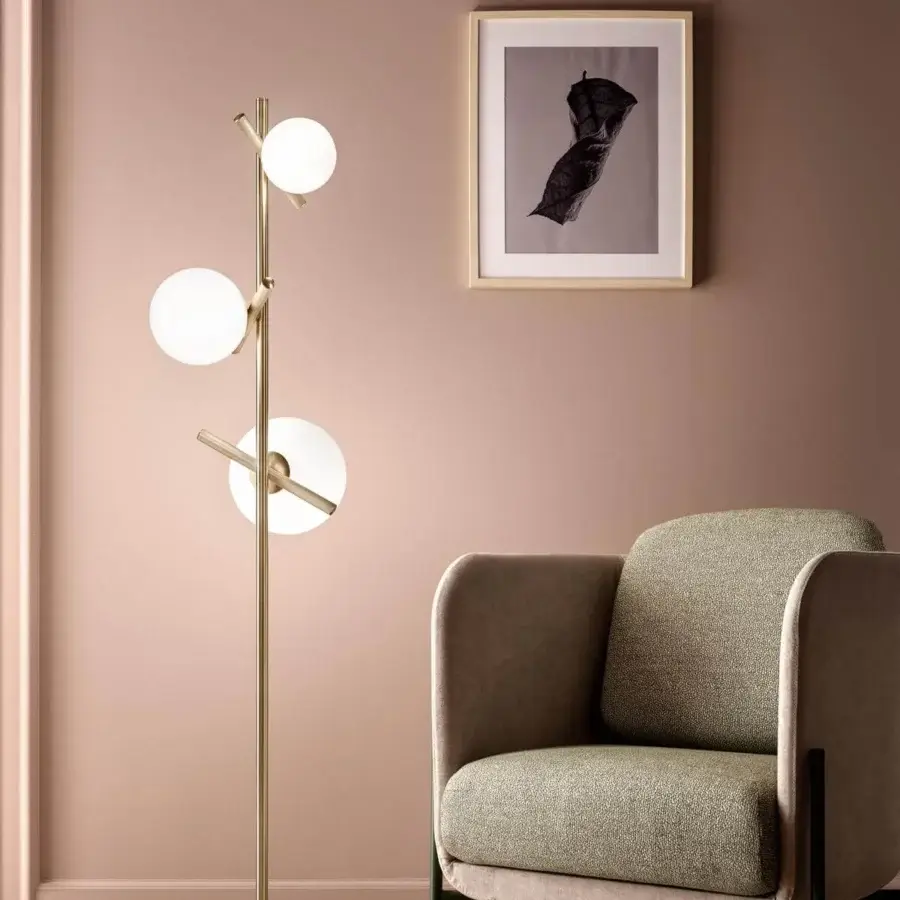Distinguished Masiero Posy floor lamp with triplex opal white Murano glass diffusers in a satin brass-like metal structure
