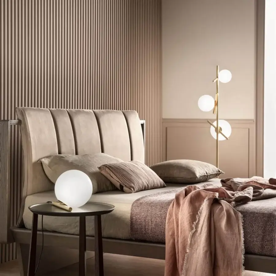 Elegant Masiero Posy floor lamp with glossy gold-finished metal and triplex opal white Murano glass diffusers