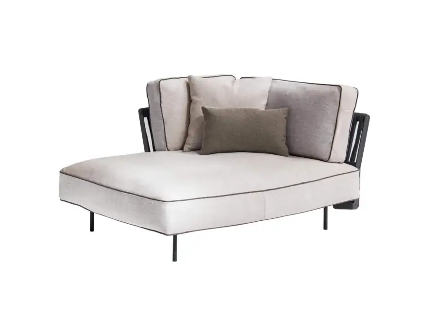 Superior Potocco Soul lounger, outdoor seating built with a light beige textile and dark metal frame with brown piping
