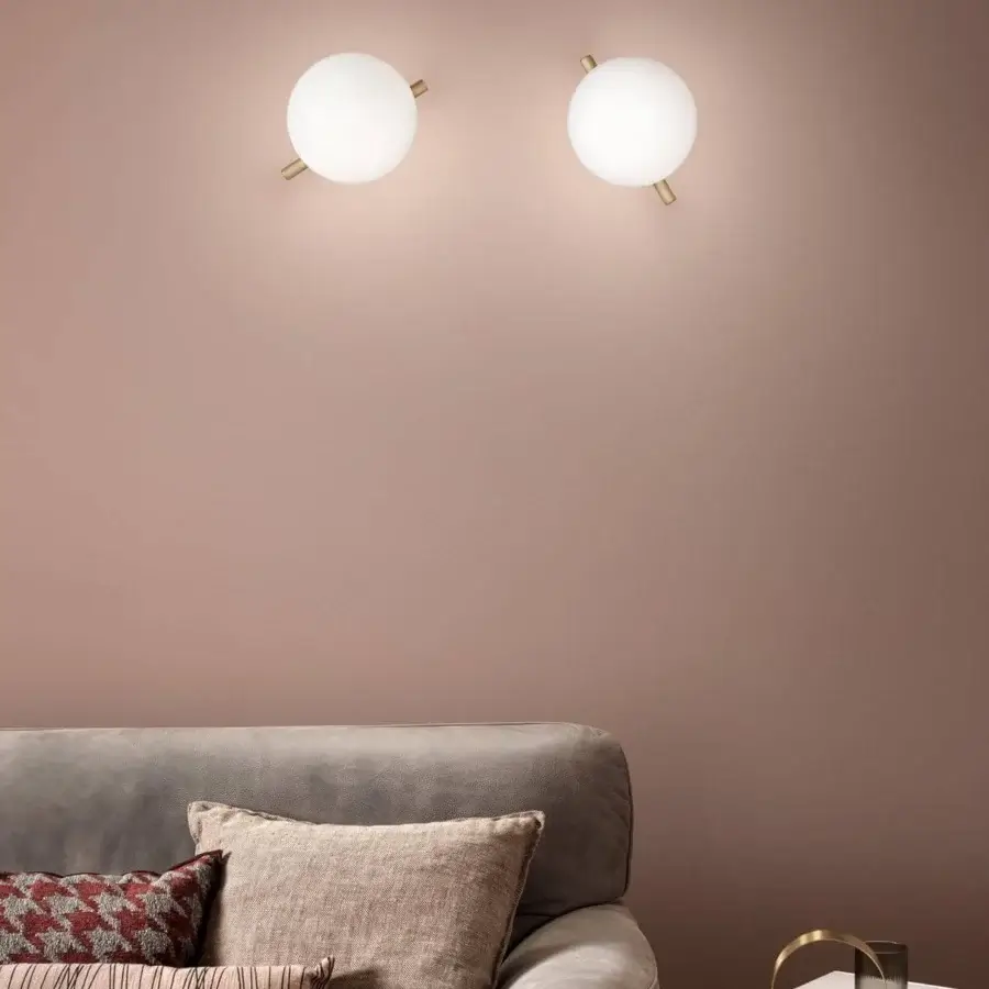Harmonious Masiero Posy wall lamp with a golden metal arm and triplex opal white Murano glass sphere