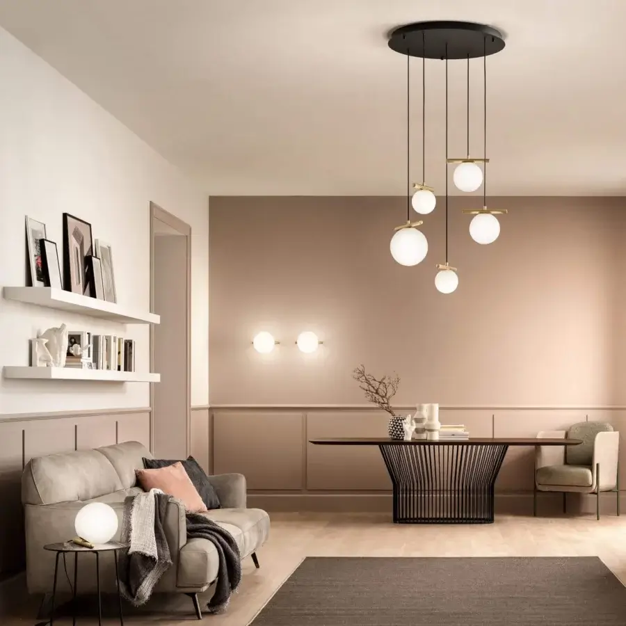 Elegant Masiero Posy wall lamp with galvanic metal and triplex opal white Murano glass, finished in warm brass coloring