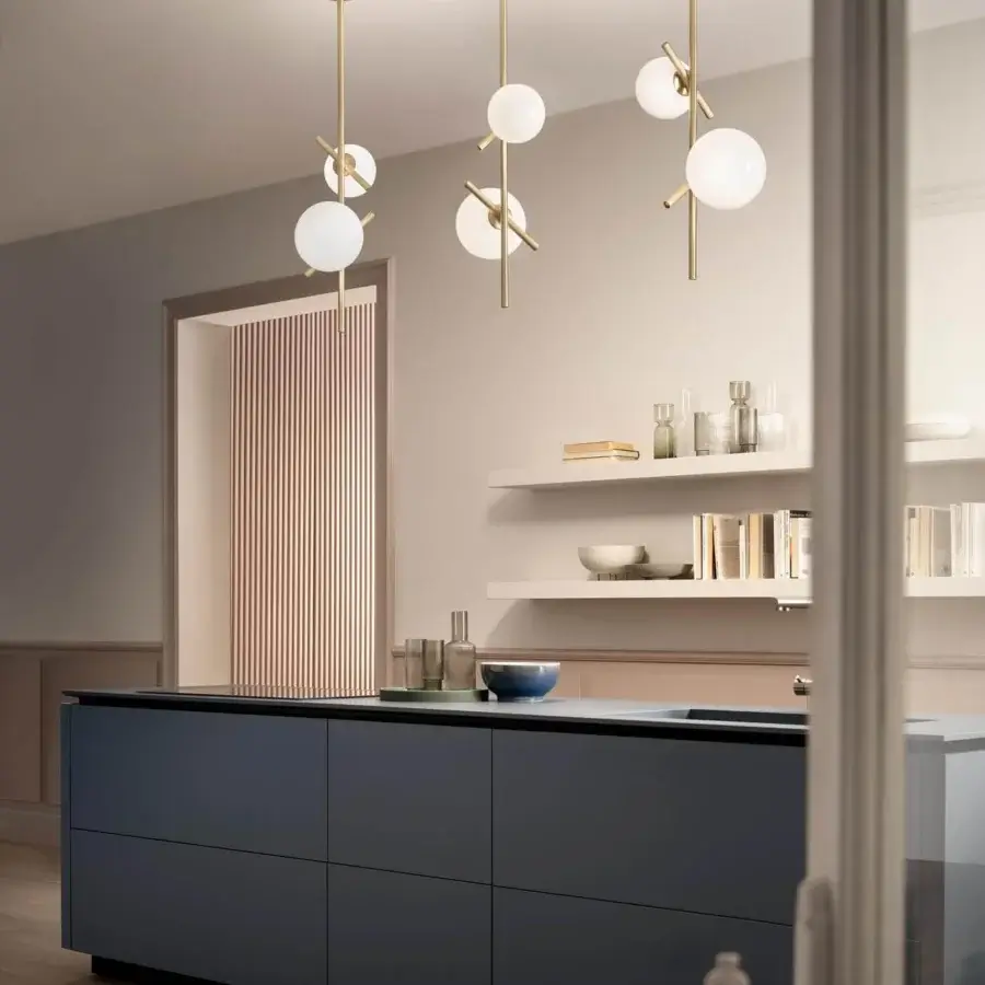 Captivating Masiero Posy Vert suspension lamp with a golden galvanic metal structure and two triplex opal white Murano glass diffusers