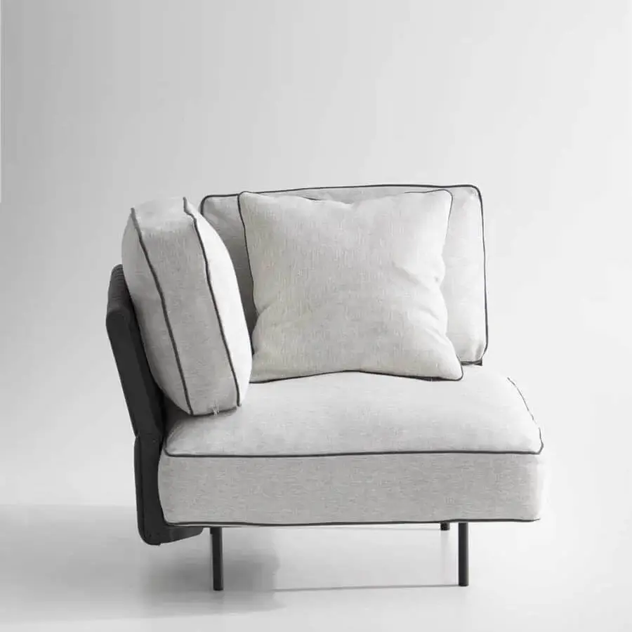 Exceptional Potocco Soul lounge chair with light gray woven textile and dark contrasting trim built upon black metal legs