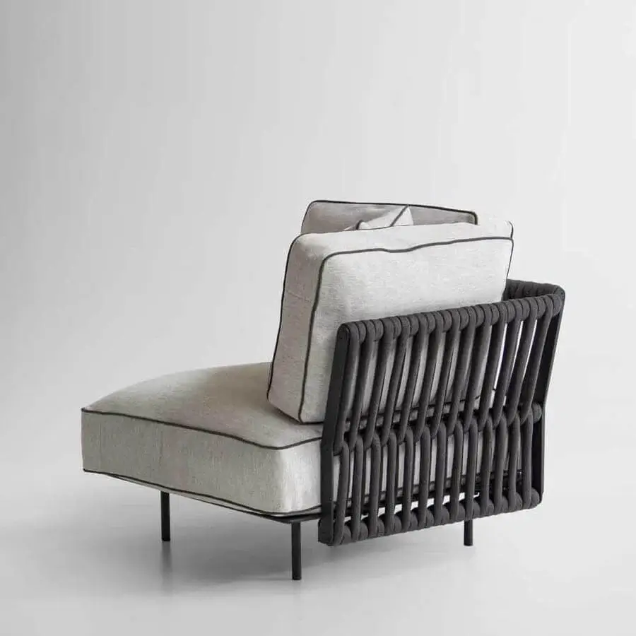 Exceptional Potocco Soul lounge chair with light gray cushions, dark gray piping and woven dark gray synthetic rope accents