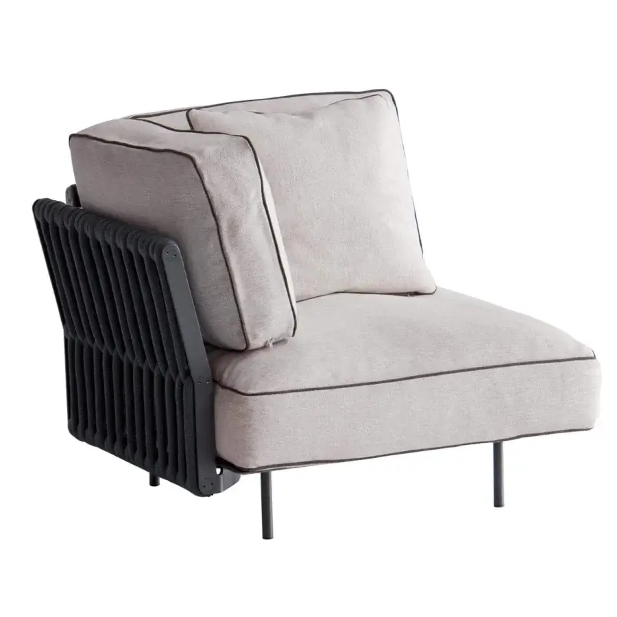 Lavish Potocco Soul lounge chair with interwoven black grid, light beige fabric cushions and sleek metal legs