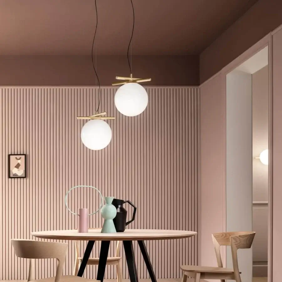 Exclusive Masiero Posy suspension lamp with spherical Murano glass diffuser and brass-colored metal structure
