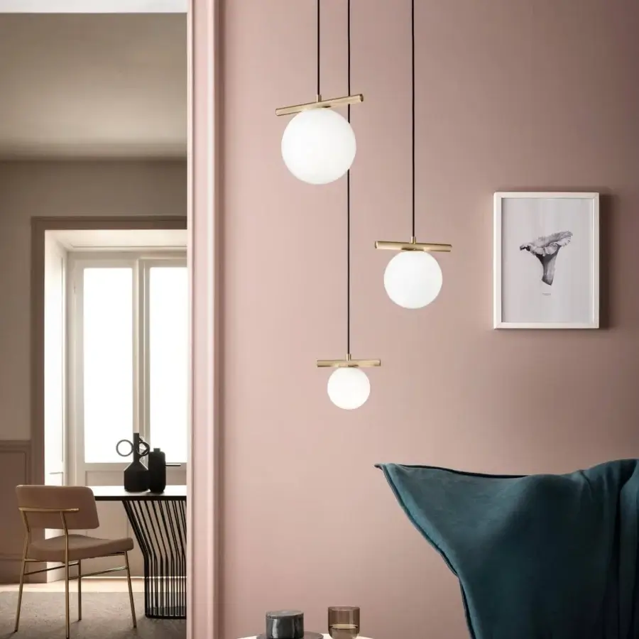 Superior Masiero Posy suspension lamp with gold-colored metal and triplex opal white Murano glass diffuser
