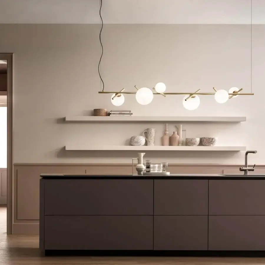 Exclusive Masiero Posy Bil suspension lamp with a light gold metal structure and triplex opal white Murano glass diffusers in satin finish