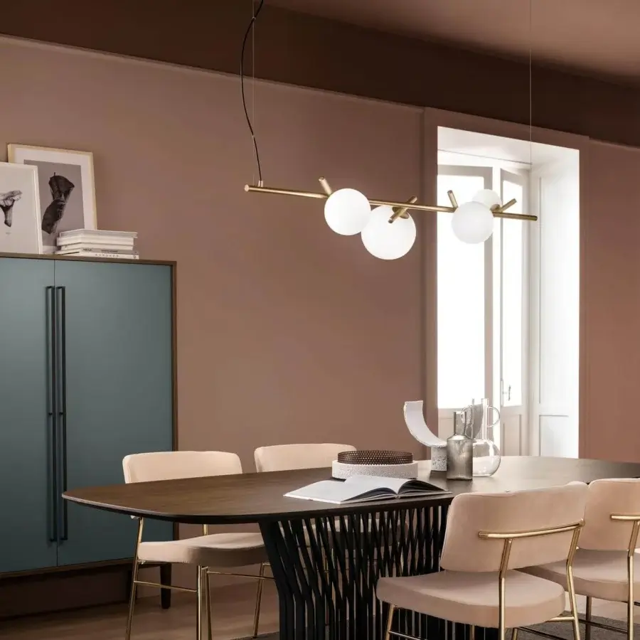 Distinguished Masiero Posy Bil suspension lamp with a gold-toned metal structure and three triplex opal white Murano glass diffusers