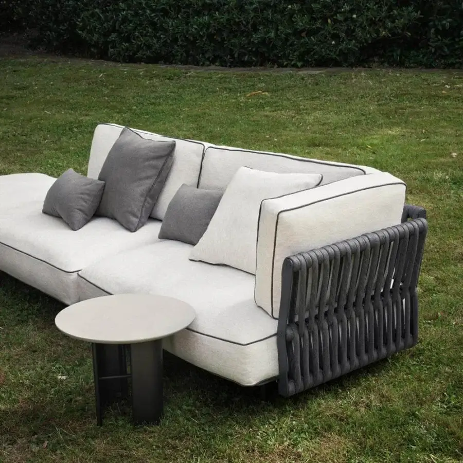 Exceptional Potocco Soul sectional with woven backrest and armrests in light outdoor fabric with dark piping