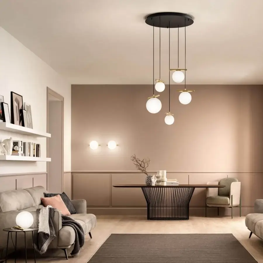 Exclusive Masiero Posy suspension lamp with refined metal structure and luxury triplex opal white Murano glass diffusers in asymmetrical arrangement