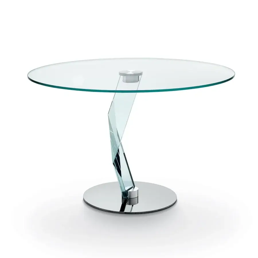 Elegant Tonelli Design Bakkarat table with extra clear glass top and sculptural glass helix base crafted with chrome-plated metal connectors