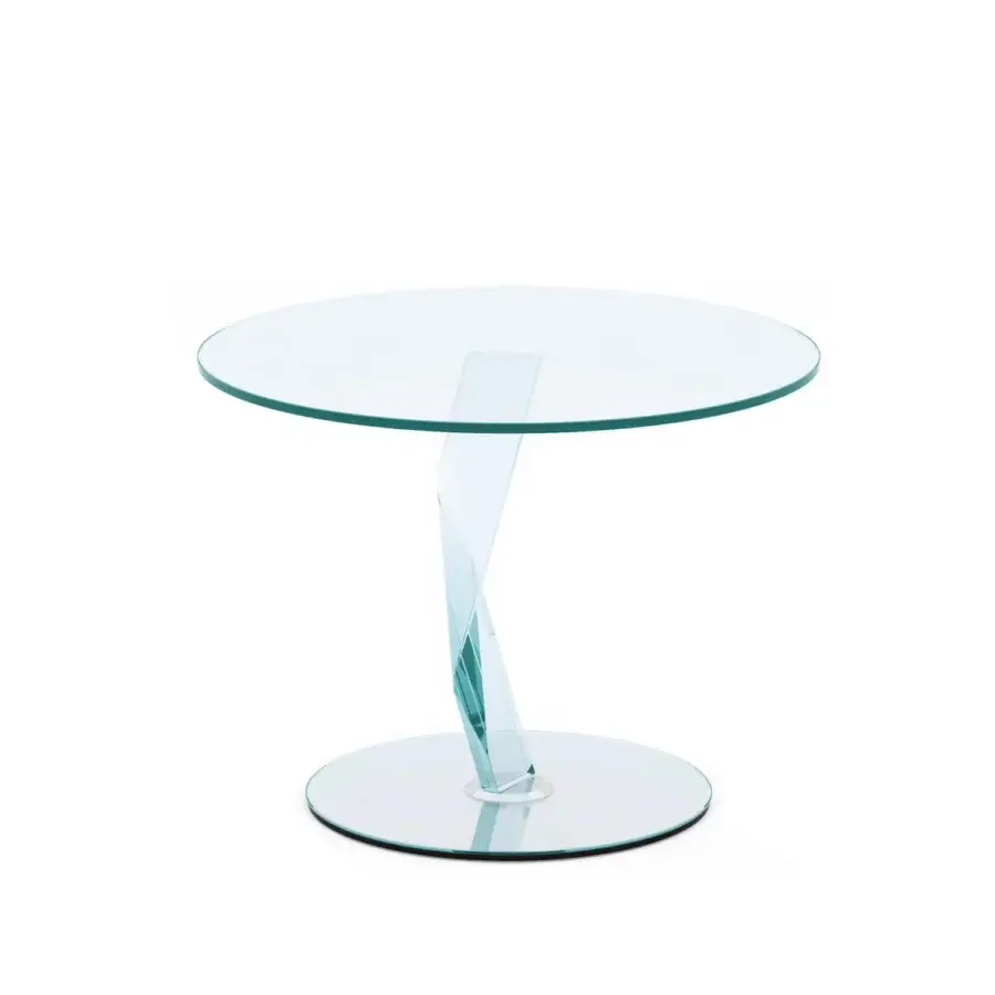 Elegant Tonelli Design Bakkarat side table in extra clear glass with twisted central leg and round mirror base