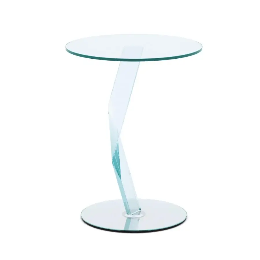 Distinguished Tonelli Design Bakkarat side table crafted in extra clear glass with sculptural twisting leg and mirrored base