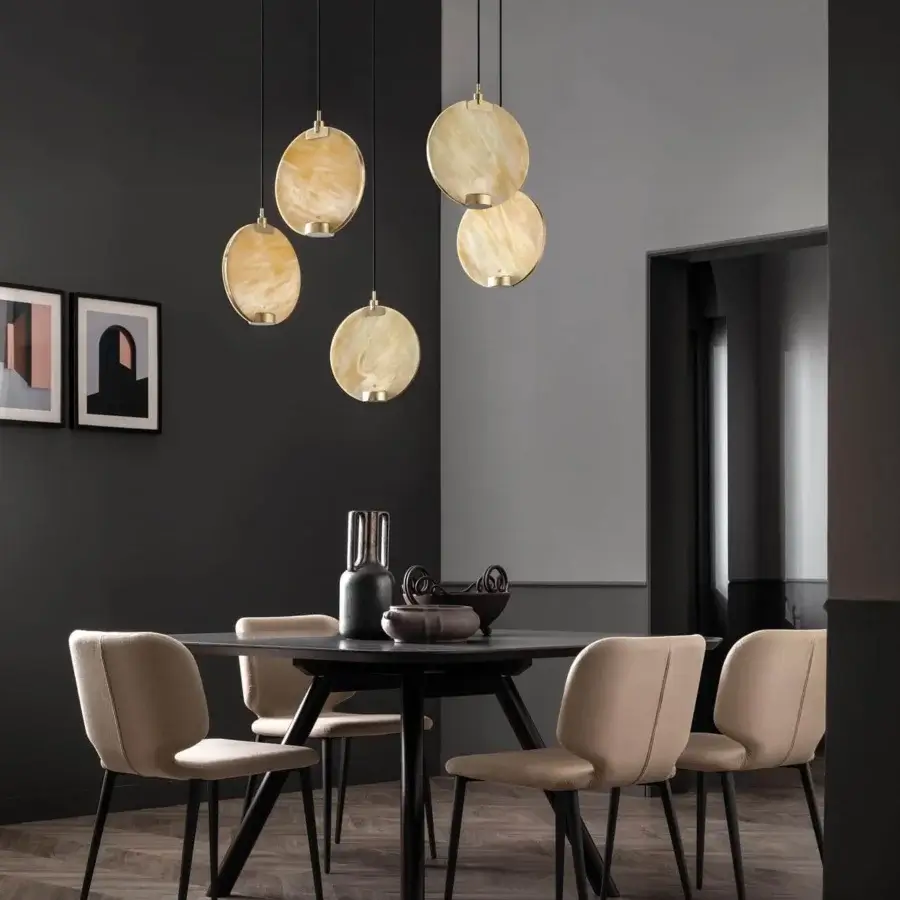 Elegant Masiero Horo suspension lamp with a circular glass diffuser and prism finish in light cream and beige tones