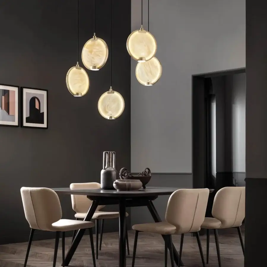 Distinguished Masiero Horo suspension lamp with a circular cream glass diffuser and thin metal band in brass finish