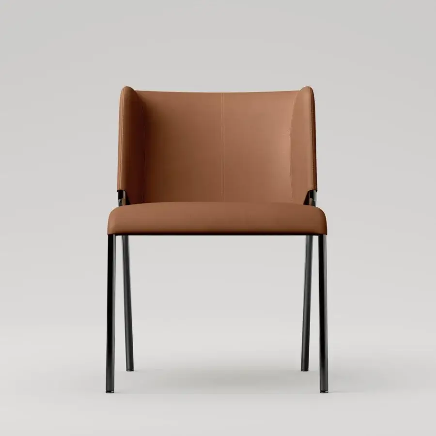 Exceptional Tonelli Design She chair with light brown leather upholstery and bent metal frame crafted with external stitching