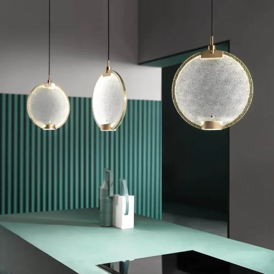 Superior Masiero Horo suspension lamp crafted in gold-colored alloy with a spectrum finish textured glass diffuser