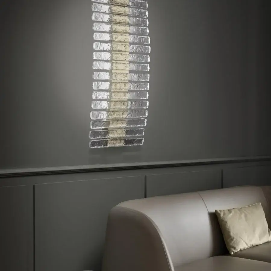 Exceptional Masiero Vegas wall lamp with a metal structure and rock-effect glass strips in clear and light brown tones