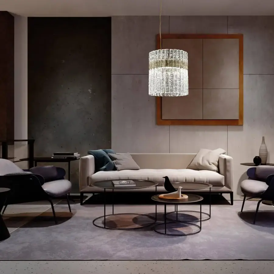 Innovative Masiero Vegas suspension lamp with rock-effect glass strips and a gilded metal structure