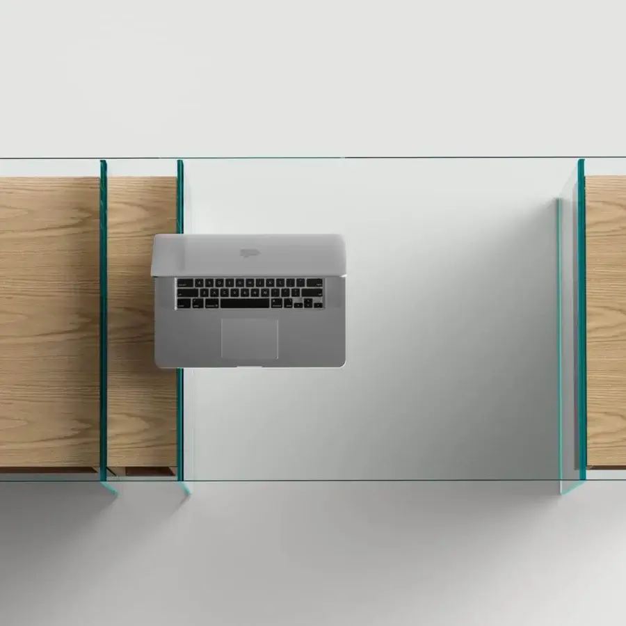Distinguished Tonelli Design Marcell desk with extra clear welded glass structure and Eucalipto wooden storage units