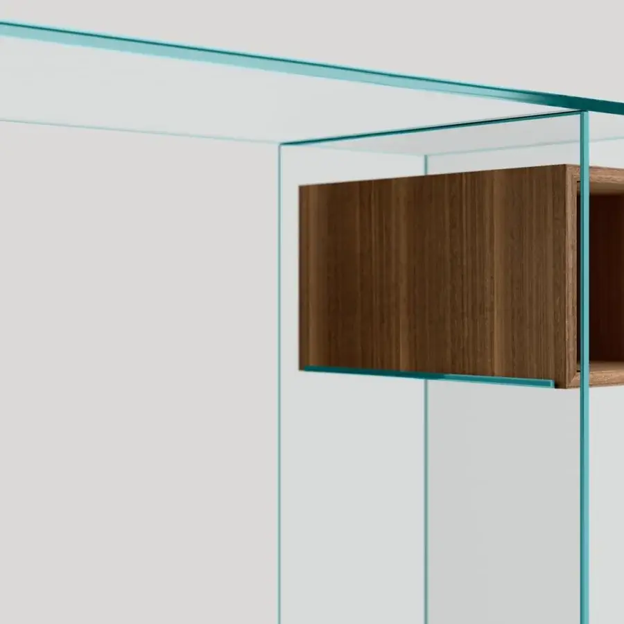 Elegant Tonelli Design Marcell desk with extra clear welded glass and a warm Eucalipto wooden storage unit