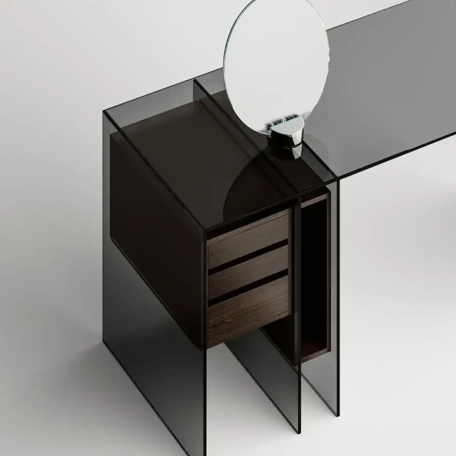 Superior Tonelli Design Marcell desk with extra clear welded glass and Eucalipto wooden storage built in