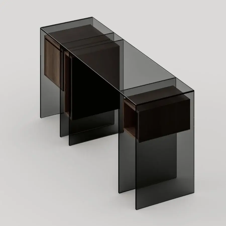 Exceptional Tonelli Design Marcell desk with smoked welded glass and Eucalipto wood storage built for a floating effect