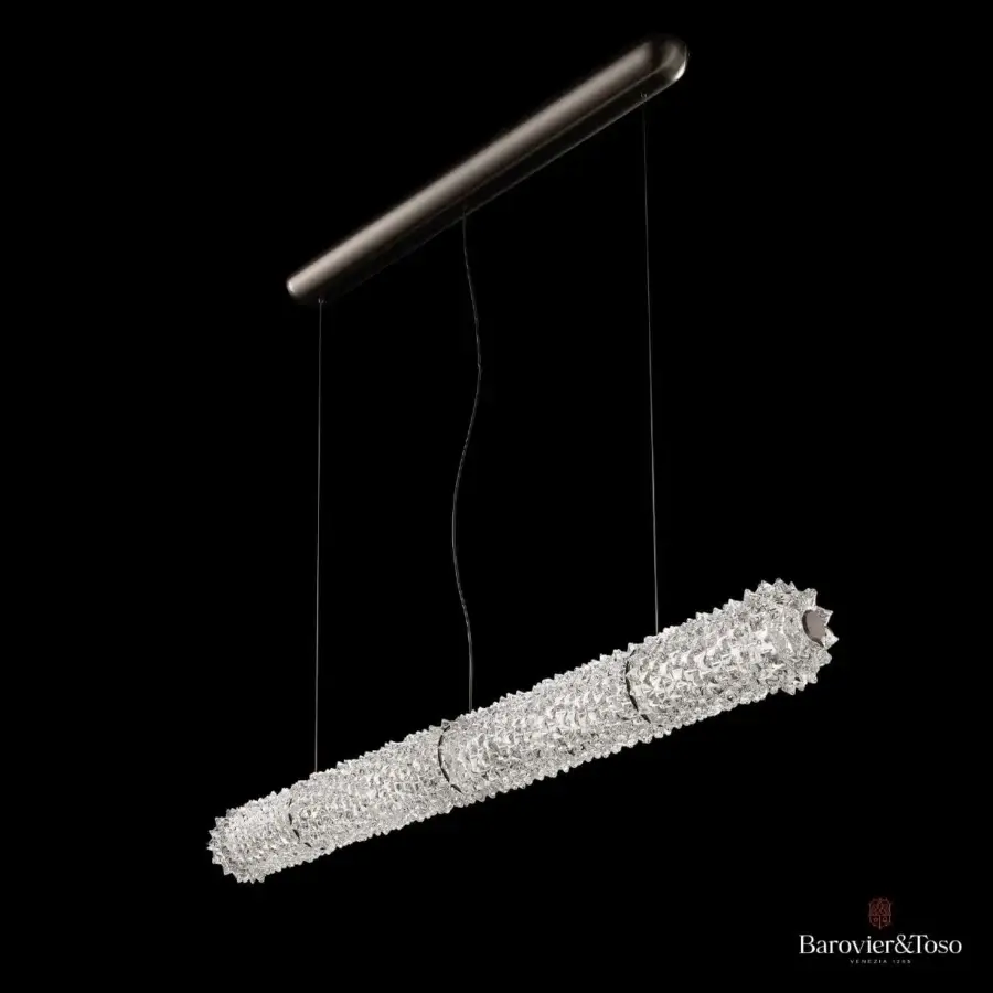 Elegant Barovier&Toso Opéra suspension lamp with horizontally oriented Venetian crystal and gleaming metal bands crafted in a matte finish