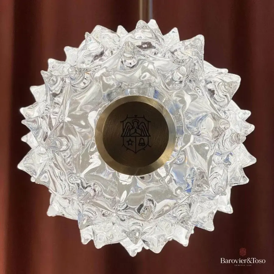 Elegant Barovier&Toso Opéra suspension lamp in clear Venetian crystal with a patinated dark metal plate and angel motif