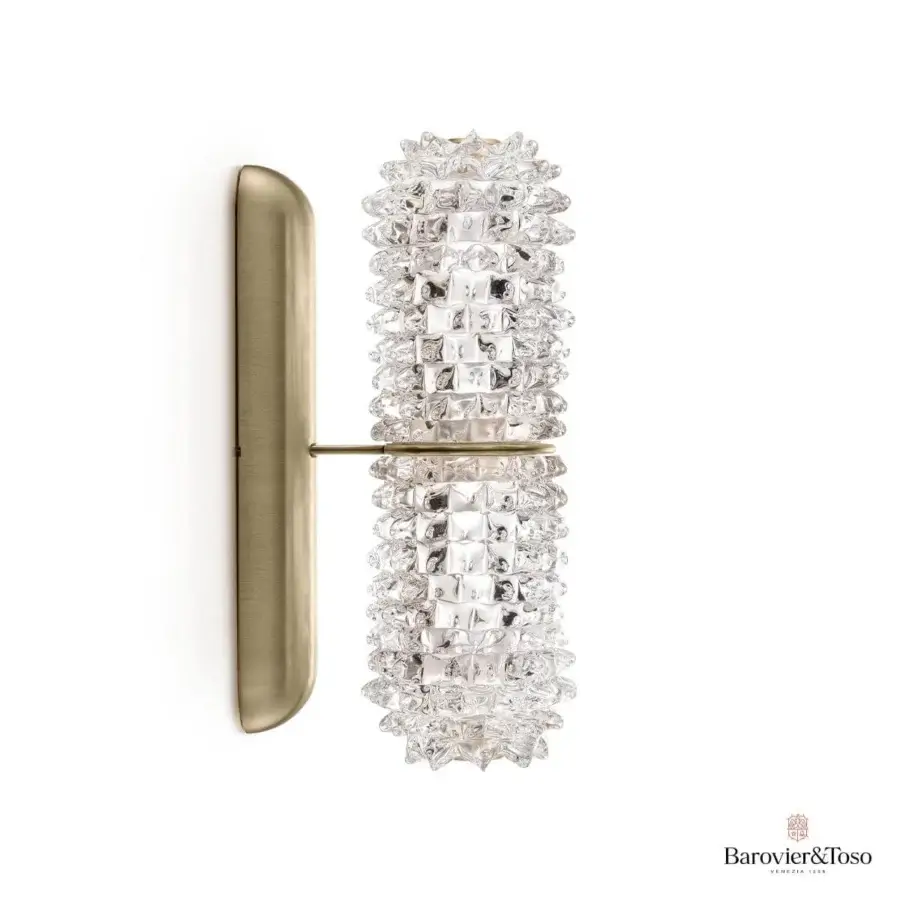 Elegant Barovier&Toso Opéra wall lamp with cylindrical clear textured glass and brushed matte brass-toned metal support